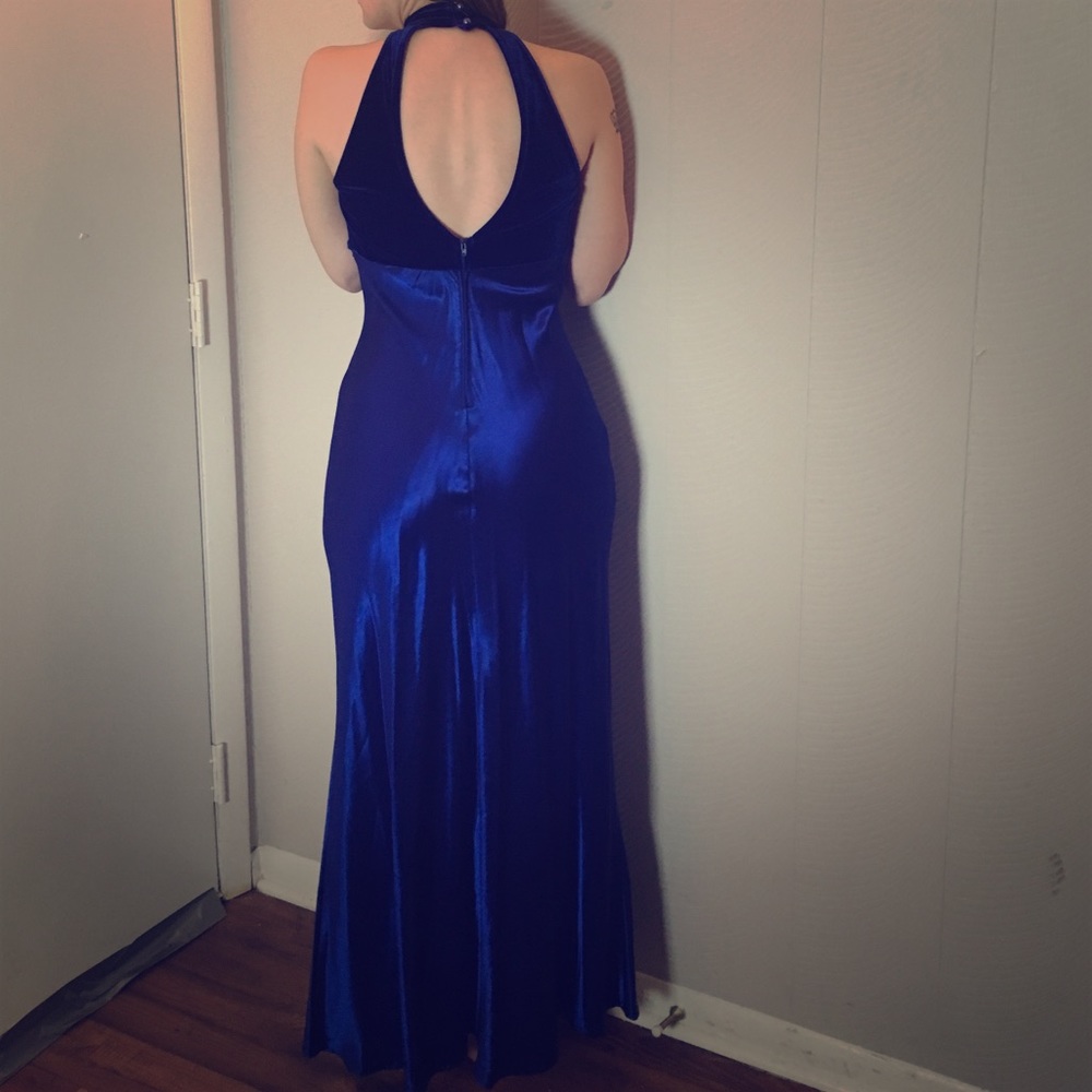Blue Velvet and Satin Formal Gown w/Beaded Waist